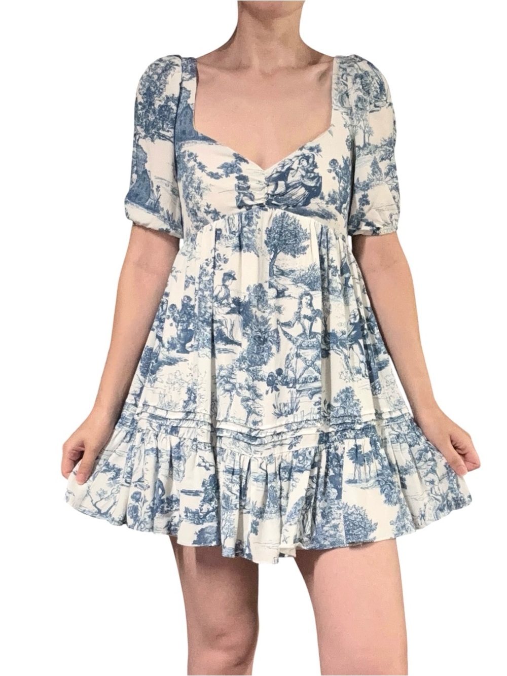 Gianni Bini | White and Blue Toile Print Peasant Puff Sleeve Babydoll Mini Dress